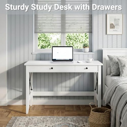 JSB 43.3 Inch White Computer Desk with 2 Drawers for Home Office Bedroom - color: White, size: 43.3 inch