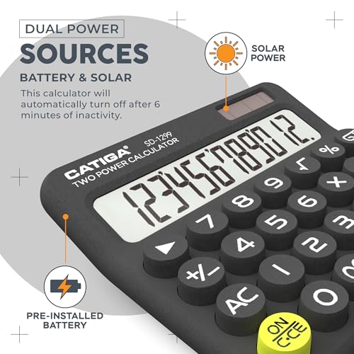 CATIGA Mechanical Switch Calculator with Solar and Battery Dual Power, 12-Digit Large LCD Display, Aesthetic and Cute Desktop Calculator with Big Button, for Home, School and Office Use, SD-1299 - color: Z) Charcoal Gray