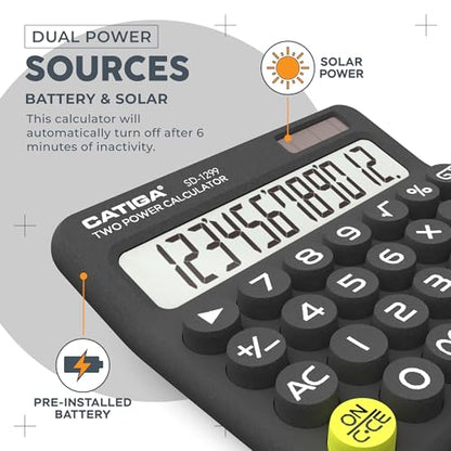 CATIGA Mechanical Switch Calculator with Solar and Battery Dual Power, 12-Digit Large LCD Display, Aesthetic and Cute Desktop Calculator with Big Button, for Home, School and Office Use, SD-1299 - color: Z) Charcoal Gray