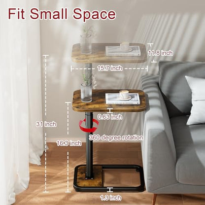 GOYLSER C-Shaped Tables Small Swivel End Table, Height Adjustable Side Tables Living Room, Rotating Snack Couch Wooden Tv Trays for Eating On Couch, Rustic Brown - color: Rustic Brown, style: Standard
