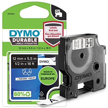 DYMO D1 Durable Labeling Tape for LabelManager Label Makers Black Print on White Tape 1/2" W x 18' L 1 Cartridge - color: Black on White