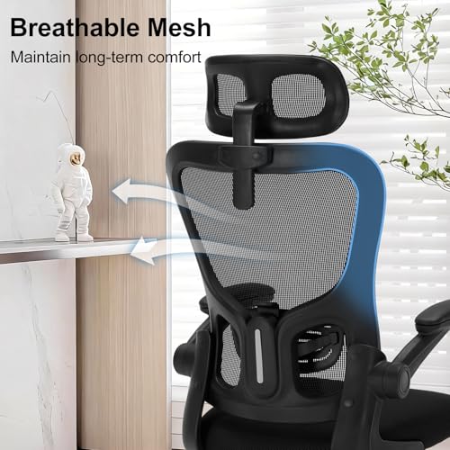 Office Chair Ergonomic Desk Chair High Back Mesh Computer Chair with Adjustable Lumbar Support & Headrest, Flip-Up Armrests, 300lbs Capacity 360 Swivel Chair for Home Office, Black