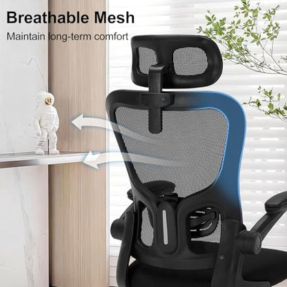 Office Chair Ergonomic Desk Chair High Back Mesh Computer Chair with Adjustable Lumbar Support & Headrest, Flip-Up Armrests, 300lbs Capacity 360 Swivel Chair for Home Office, Black