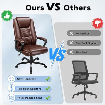 Office Chair, High Back Ergonomic Home Office Desk Chairs with Lumbar Support, Adjustable Big and Tall Computer Chair, 360° Swivel, PU Leather, Brown - color: Brown