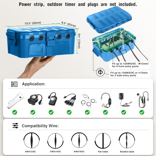 Flemoon Large Outdoor Electrical Box, Waterproof Extension Cord Cover | Inner Size 12 x 7.4 x 3.9 Inch, 6 Cable Entry Ports, IP54 Weatherproof Connection Box for Outlet, Timer, Holiday Light, Blue - color: Blue, size: Large