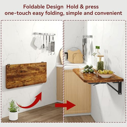 IBUYKE Wall Mounted Folding Table, Floating Wall Desk for Small Spaces, Fold Down Laundry Shelf with Heavy-Duty Brackets, Wall Table for Home Office/Bar/Kitchen/Dining, Rustic Brown UTVT005H - color: Rustic Brown