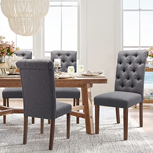 COLAMY Button Tufted Dining Chairs Set of 4, Accent Parsons Diner Upholstered Fabric Dining Room Stylish Kitchen Chairs with Solid Wood Legs and Padded Seat, Dark Grey - color: Dark Grey, size: set of 4