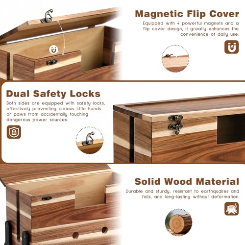 Extra Large Cable Management Box, 14.2-Inch Acacia Wood Cord Hider Box with Dual Locks and Magnetic Lid, Power Strip Cover and Cable Organizer for Desk, Floor, TV Wires and Home Office