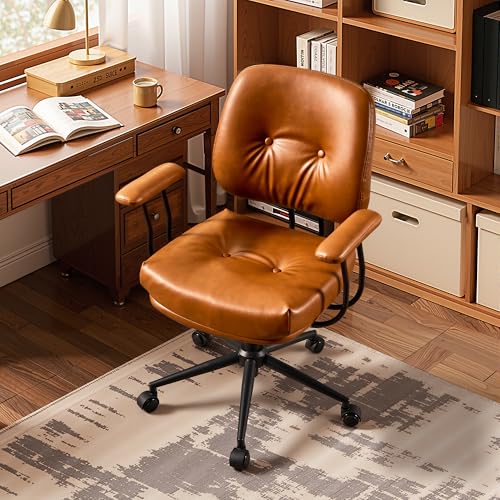 HOOOWOOO Ergonomic Office Chair,Mid Century Modern Computer Desk Chair,Comfy Executive Chair with Extra Wide Tufted Cloudy Seat Lumbar Support Rocking Back,PU Leather Light Brown - color: (Glossy)pu Leather Cognac-cloudy Seat, size: Mid Back