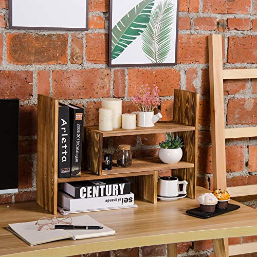 Adjustable Extendable Natural Wood Desktop Organizer Caddy Desk Organizer Countertop Shelf Bookcase Display Stand Rack Expandable Storage Office Home (Dark Brown)