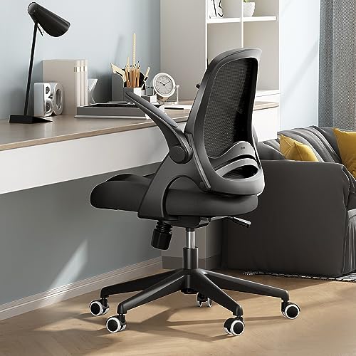 Hbada Office Desk Chair with Flip-Up Armrests and Saddle Cushion, Ergonomic Office Chair with S-Shaped Backrest, Swivel, Mesh, Black - color: Black