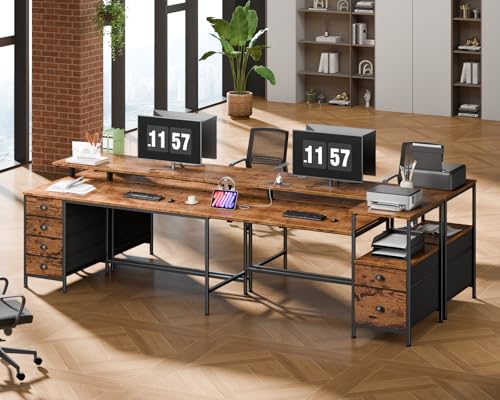 Furologee 95'' Two Person Computer Desk with 6 Drawers, LED, Rustic Brown - color: Rustic Brown