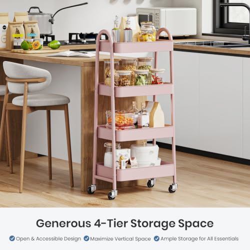 DUMOS 4 Tiers Rolling Utility Cart, Storage Organizer, Shelving Unit | Metal, Lockable Wheels, Mobile, Kitchen, Bathroom, Laundry, Narrow Places, Pink - color: 4-tier Cute Pink