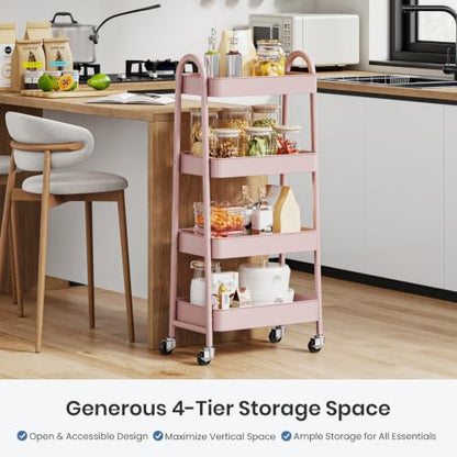 DUMOS 4 Tiers Rolling Utility Cart, Storage Organizer, Shelving Unit | Metal, Lockable Wheels, Mobile, Kitchen, Bathroom, Laundry, Narrow Places, Pink - color: 4-tier Cute Pink