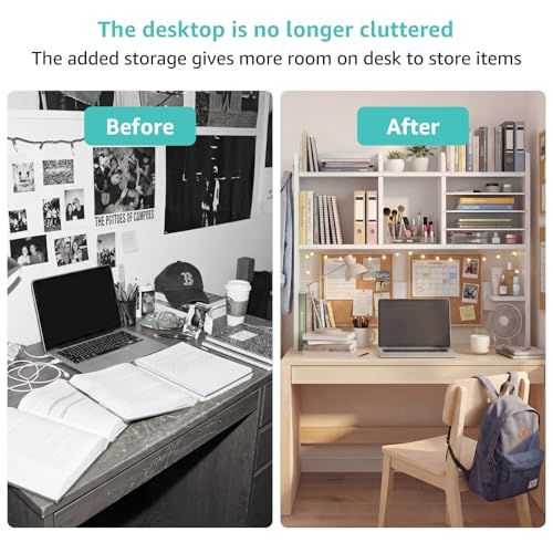 NUTIKAS Desktop Bookshelf for Computer Desk - 36" Desk Hutch Organizer with 4-Tier Paper Tray, Tabletop Storage Rack for College Dorm Room Essentials, Home Office Shelving, White
