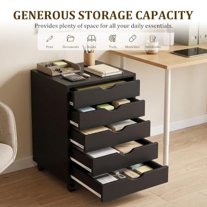 5 Drawer File Cabinet with Wheels, Under Desk Storage Drawers, Black - color: Black, size: 15.75"D x 18.74"W x 25.39"H(5 Drawers)