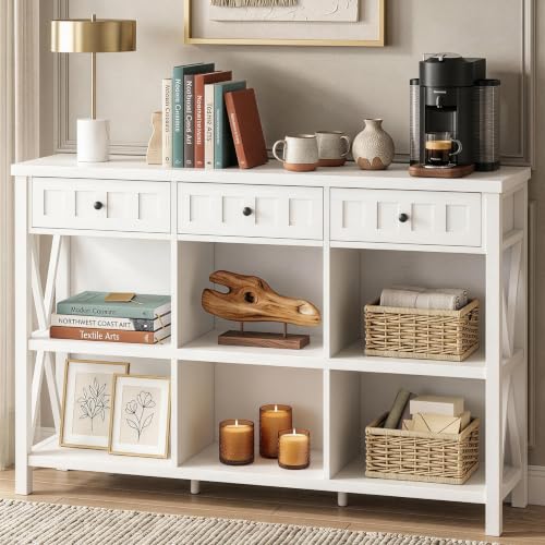FATORRI 6 Cube Storage Organizer Bookshelf with 3 Drawers, 47 Inch Long Horizontal Bookshelf, Modern Wood Short Book Shelf. Low Cube Bookcase for Living Room, Home Office, Entryway (White Oak) - color: White Oak, size: With Drawer