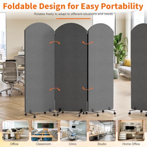 Office Divider Privacy Panel with Wheels, 72 x 66 Inch Freestanding Room Partition Wall, Portable Temporary Wall, 3 Panel Acoustic Screen for Office, Study, Classroom (Arc-Dark Gray) - color: Arc-dark Gray