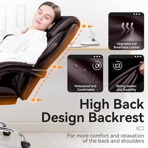 BestGlory Office Chair, Executive Leather Chair Adjustable High Back, Computer Desk Chair Lumbar Support, Big and Tall Office Chair with Footrest, Comfy Reclining Chair for Home Office - color: Coffee, style: With Footrest