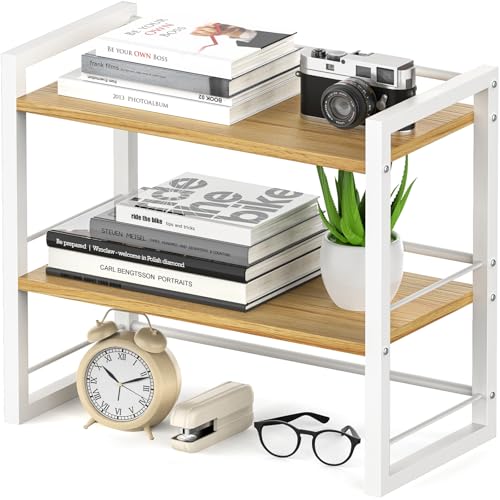 Office Desk Shelf Organizer, Wood Desktop Bookshelf Supplies Storage Rack, Shelf for Top of Desk and Dresser (White-2 Tier) - color: White