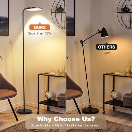 LED Floor Lamp – 36W Super Bright Standing Lamp with Remote & Touch Control, 350° Adjustable Head, Stepless Dimming & Color Temperature (3000K–6000K), Eye-Caring Light for Living Room, Bedroom, Office