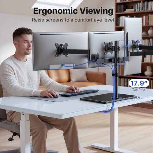 HUANUO Free Standing Triple Monitor Mount for 13-27 Inch Screens | Larger Tempered-Glass Base, Heavy Duty Thicker Steel, Tilt, Swivel, Rotation, Holds up to 22 lbs, VESA 75x75/ 100x100mm