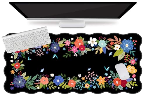 L-SPOUTTO Floral Mouse Pad, Black Scalloped Desk Mat XXL Gaming Mousepad | Botanical Large 35.4x15.7in Non-Slip Rubber Base Keyboard Pad Waterproof Desktop Mat for Laptop Computer Game Home Office - color: Black Floral
