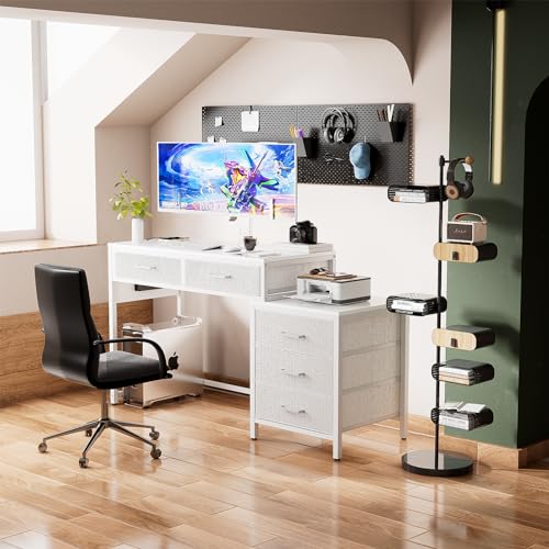 Unikito Reversible Computer Desk with 5 Drawers, Sturdy Office Desk with Power Outlets and USB Ports, Study Writing Table with File Cabinet & Printer Stand, Vanity Desk with Storage, White - color: White