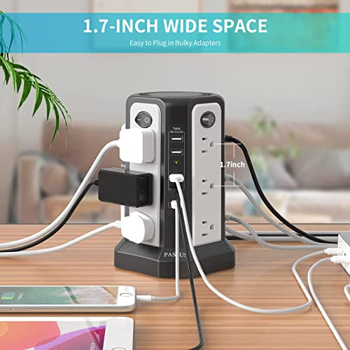 Surge Protector Power Strip Tower 10FT with PD18W USB C Port | Extension Cord with 12 AC Multiple Outlets, Charging Tower with 5 USB, Overload Protection for Home Office, Black White - style: Black White-4A1C