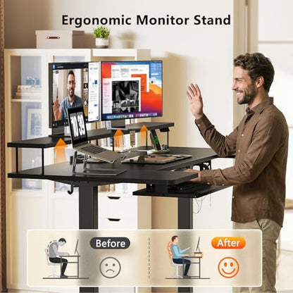 OffiGo 63 Inch U Shaped Electric Standing Desk with Keyboard Tray, Black - color: Black, size: 63 Inch