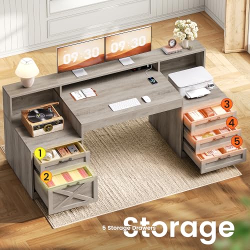 SEDETA 63" Executive Office Desk with 5 Drawers, Grey | Farmhouse Computer Desk with LED Lights & Monitor Stand, Wood Home Office Desk with 2 Printer Stand & Power Outlet - color: Grey, size: Executive Office Desk(63")