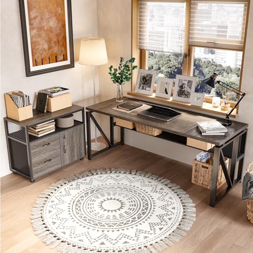LITTLE TREE 63-Inch Office Desk with 31.5-Inch Lateral File Cabinet, Study Writing Desk Computer Desk for Home Office - color: Grey