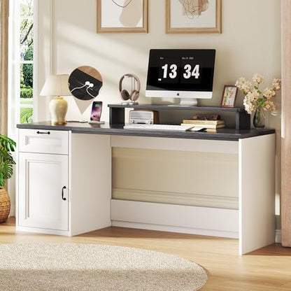 HUAHUU 63" Farmhouse Executive Desk with Drawers, Modern Computer Desk with Power Outlets, Office Writing Desk with Monitor Stand & Storage Cabinet, Printer Shelf, Antique White - color: Black and White