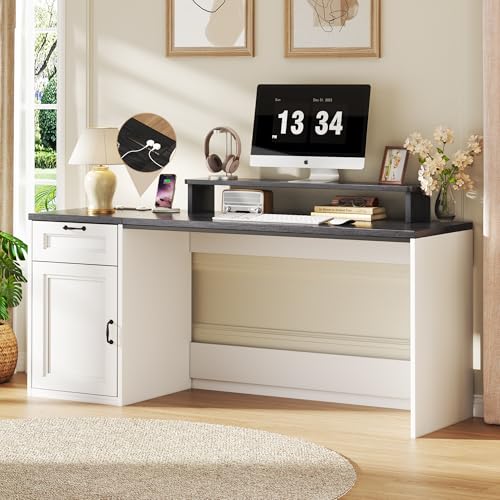 HUAHUU 63" Farmhouse Executive Desk with Drawers, Modern Computer Desk with Power Outlets, Office Writing Desk with Monitor Stand & Storage Cabinet, Printer Shelf, Antique White - color: Black and White
