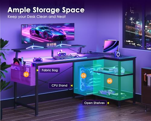 ODK 48 Inch L Shaped Gaming Desk with LED Lights, Power Outlets, Black - size: 48 Inch