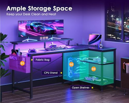 ODK 48 Inch L Shaped Gaming Desk with LED Lights, Power Outlets, Black - size: 48 Inch