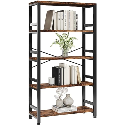 IRONCK Bookshelf, 31.5" 5-Tier Ladder Industrial Bookcase, 110lb Shelf | 5-tier bookshelf, 110 lb per shelf. P2 MDF, Anti-tip. Industrial Bookshelves for Living Room Home Office, Vintage Brown - color: Vintage Brown
