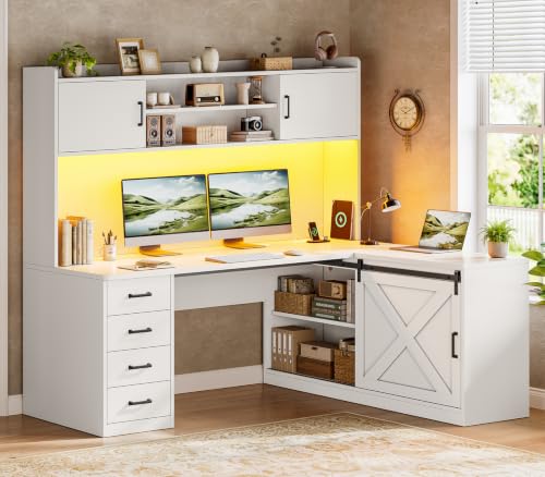 SEDETA Farmhouse 55” L Shaped Office Desk with Hutch, Drawers, Barn Door - color: White, size: 55 inches
