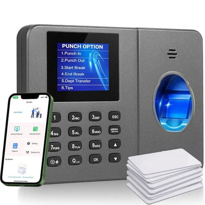 App-Controlled Time Clock with 5s Fast Connection, Edit Records, Set Rules & Run 4 Reports, No Monthly Fee, Fingerprint Time Clock for Employees Small Business, 10 IC Cards