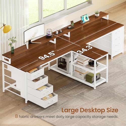 SEDETA 95" 2 Person Gaming Desk with 8 Drawers Storage Shelves, Brown+White | Double T Shaped Office Desk with LED Lights, Power Strip with USB & Monitor Stand for Home Office, Bedroom - color: Brown+white