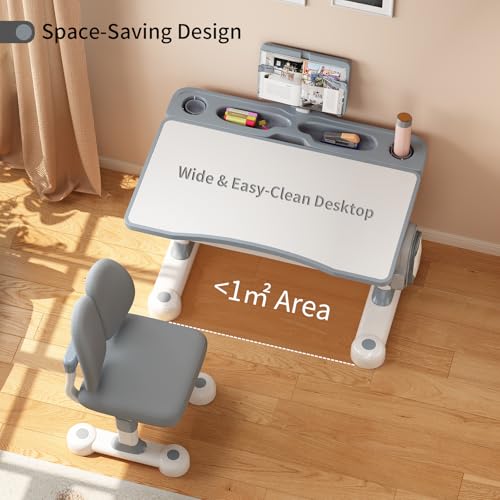 Kids Adjustable Desk and Chair Set 3-12, Children School Study Desk-11GREY | Height Adjustable | 50° Tilt Desktop | Book Stand & Metal Hook & Storage Drawer | Writing Drawing Table for Boys and Girls - color: 110-grey-27.5in
