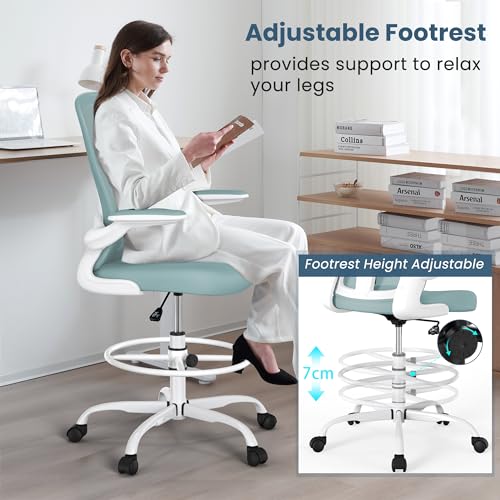 Drafting Chair, Tall Office Chair with Flip-up Armrests Executive Ergonomic Computer Standing Desk Chair, Office Drafting Chair with Lumbar Support and Adjustable Footrest Ring - color: Light Blue&white