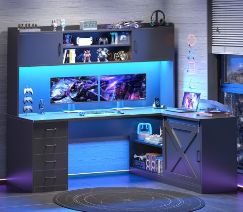 SEDETA Farmhouse L Shaped Gaming Desk, 55” Corner Computer Desk with Storage Drawers and Hutch, Corner Gaming Desk with LED Light and Power Outlet for Home Office, Black - color: Black, size: 55 inches