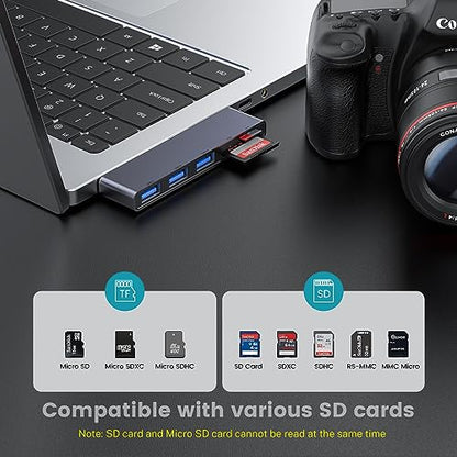 Fidioto USB A Hub, Left Model 5-in-1 Network-Hubs with 1 USB3.0 &2 USB2.0 & Micro SD/TF Card Reader, Compatible for Laptop MacBook, Chromebook, Dell, HP, Samsung, Keyboard, Mouse Etc. - color: 5in1-Left-Gery