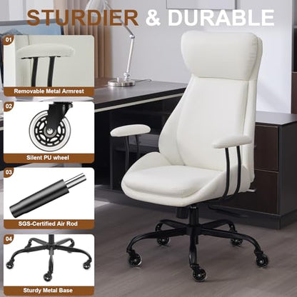 Leather Executive Office Chair, Computer Desk Chair, White | Ergonomic, Rubber Wheels, Lumbar Support, 360° Swivel, High Back, Adjustable Height, for Modern Home Office - color: Pearl White