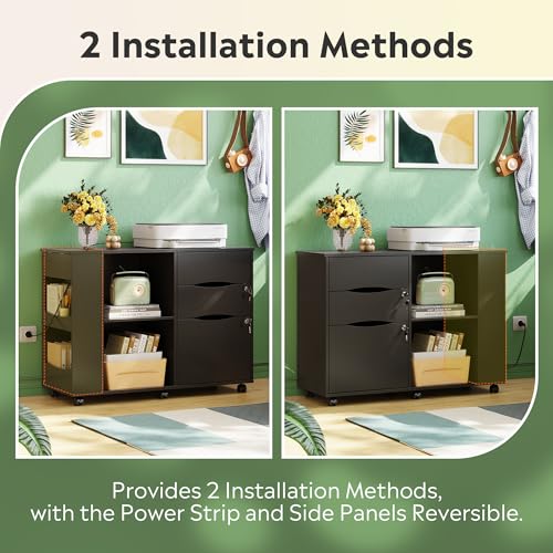 DEVAISE File Cabinet with Lock, 3 Drawer Rolling Mobile Lateral Filing Cabinets with Charging Station Printer Stand with Open Storage Shelves Fits A4 or Letter Size for Home Office Black
