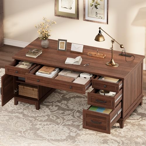 IDEALHOUSE Farmhouse Executive Desk 60 Inch, Wooden Home Office Desk with Adjustable Storage Cabinet, Built-in Charging Port, File Cabinet for Writing & Study, Elegant Workstation, Retro Brown - color: Brown
