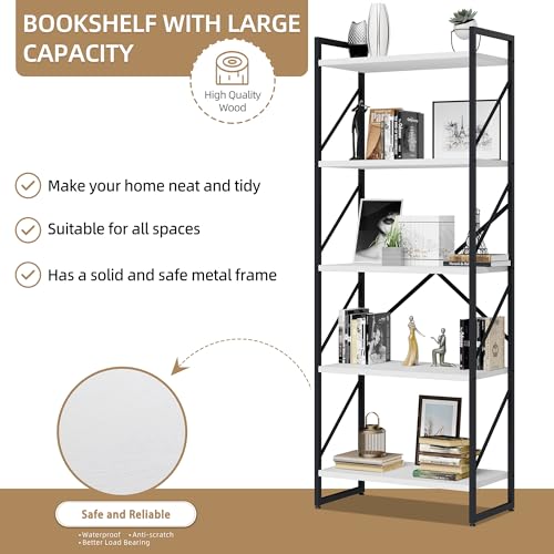 Vongrasig 5 Tier Metal Bookshelf, Narrow Industrial Bookcase, White - color: White