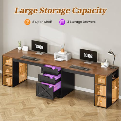 SEDETA Farmhouse 96.5" 2 Person Home Office Desk with Drawers | Gaming Desk with Storage, Double Computer Desk with Storage Drawers, Long Two Person Writing Desk, Black - color: Black
