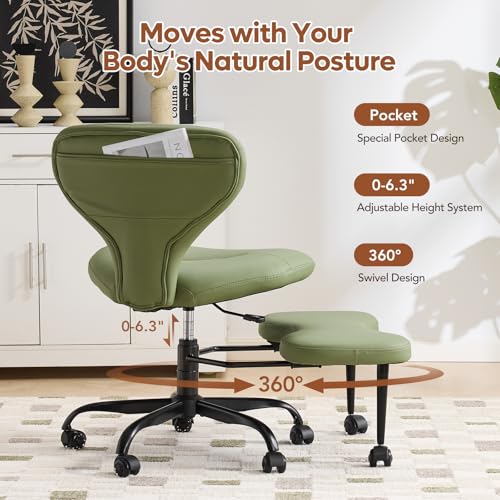 YFO Ergonomic Cross Legged Office Chair and ADHD Meditation Chair with Silent Wheels for Home Office Desk Chair and Yoga, Wider Backrest Support and Storage Pockets Design, PU Leather, Green - color: Pu-green